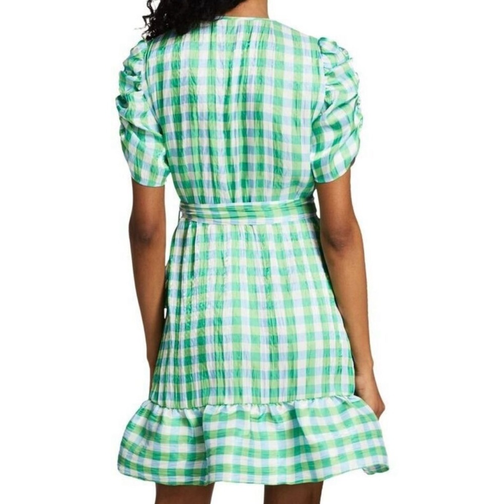 TANYA TAYLOR Natasha Gingham Faux Wrap Green Blue Puff Sleeve Ruffle Dress - Picture 7 of 12